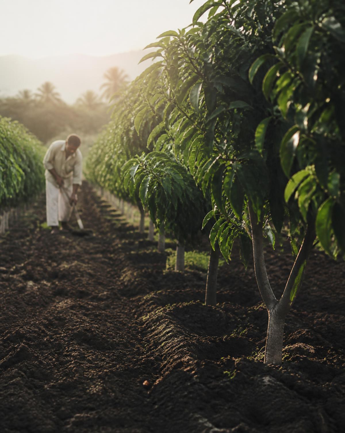 Rows of young fruit trees in rich soil being tended by a farmer at sunrise